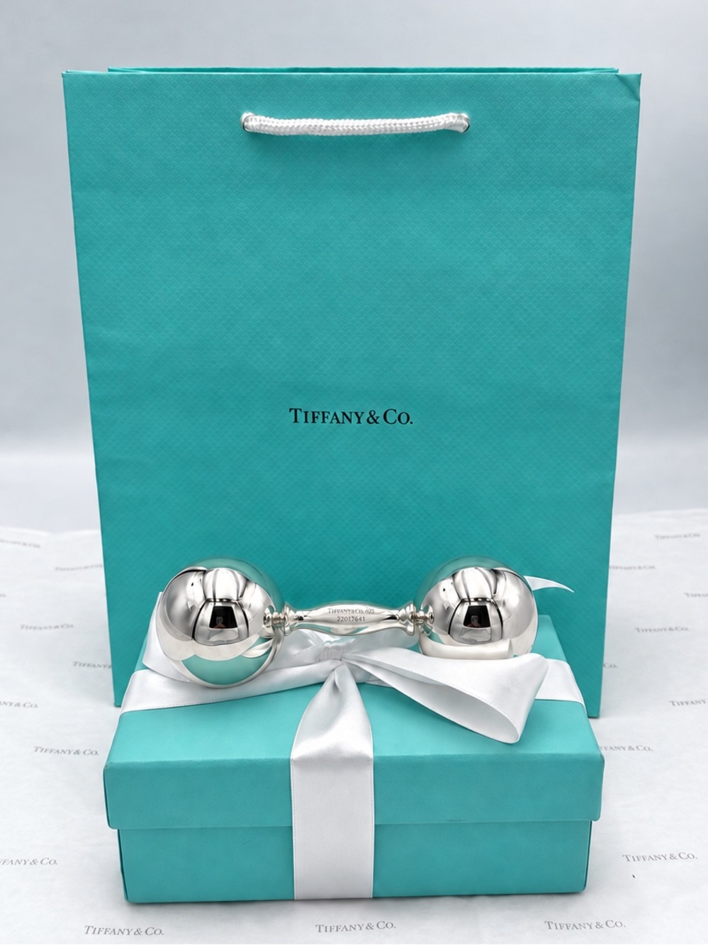 New Tiffany & Co. Barbell Baby Rattle Sterling Silver 925 Gift Box, Bag & Pouch